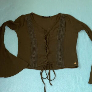 NUON gauze lace up front long butterfly bell sleeves olive green NEW size XS